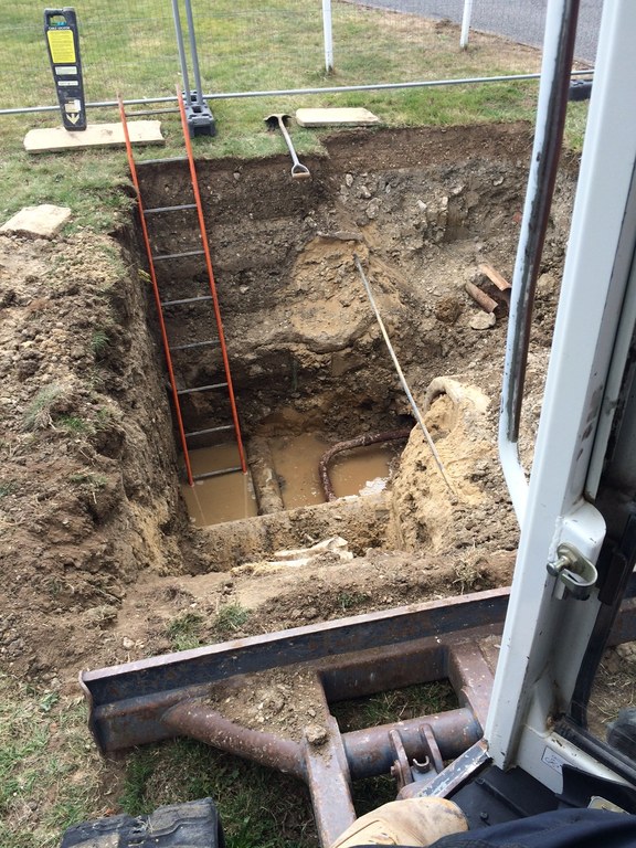 Construction site with deep excavation