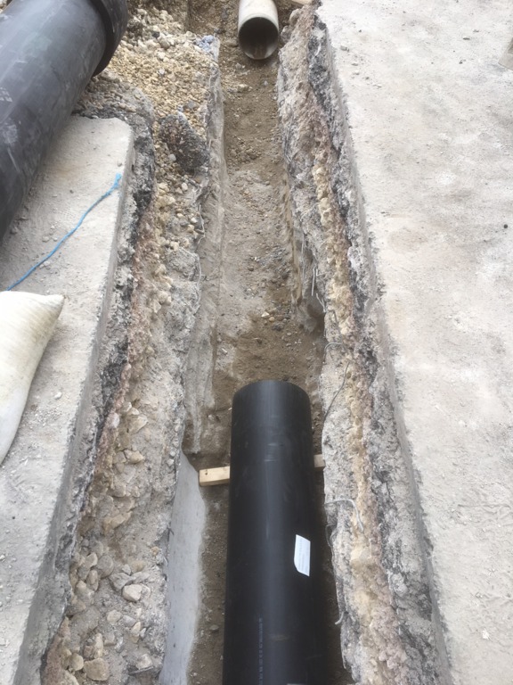 Excavated trench with pipes